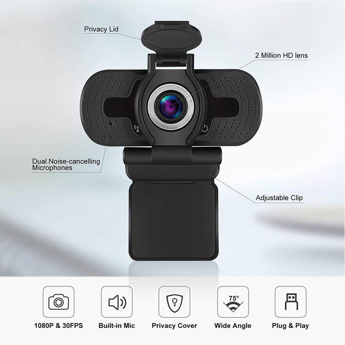 Câmera para Computador Full HD 1080p com Microfone e Tampa de Privacidade